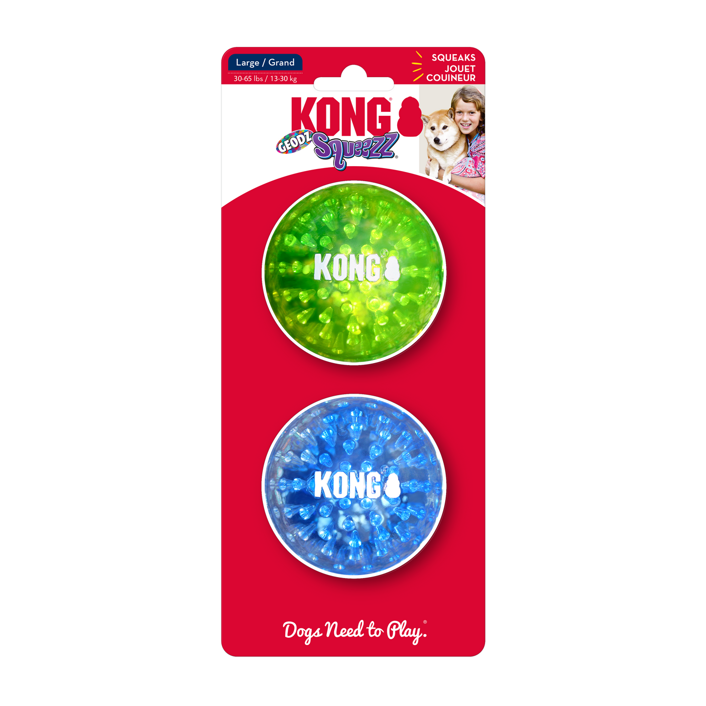 Kong Geo Squeezz dog toy packaging with green and blue toys on a red background.