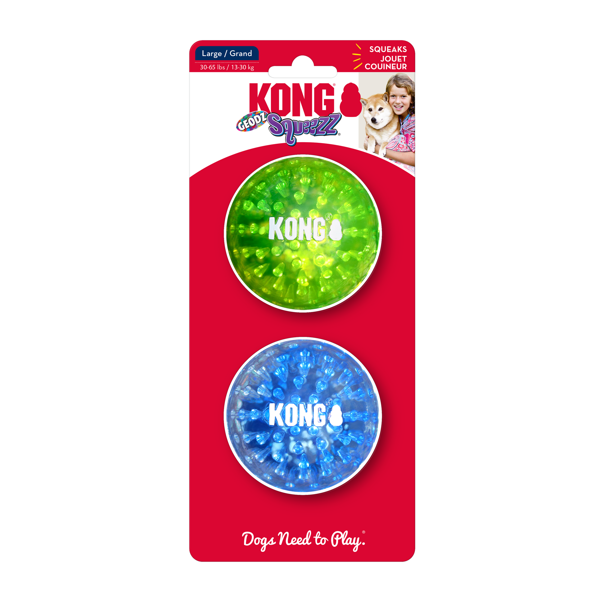 Kong Geo Squeezz dog toy packaging with green and blue toys on a red background.