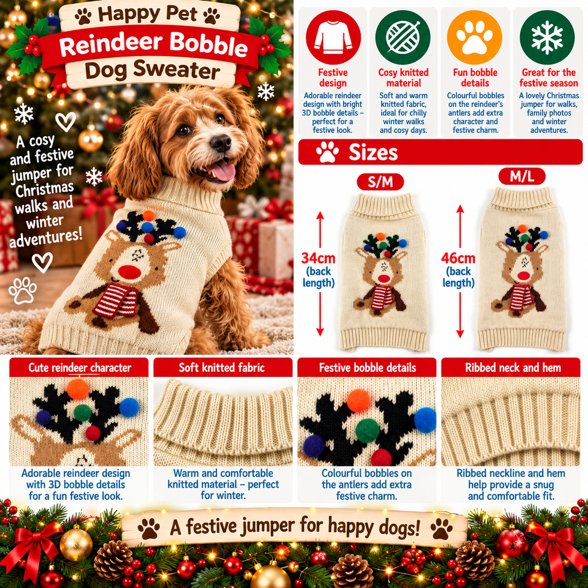 A festive knitted dog sweater shown on a golden retriever dog, with a large product infographic layout. The sweater is cream/beige with red and green holiday details, including a reindeer face and colorful pom-pom bobbles.