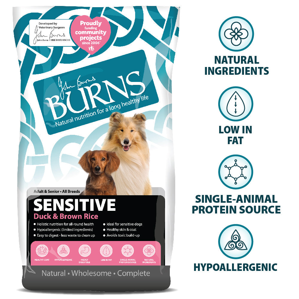 Burns Sensitive Duck & Brown Rice dog food packaging with branding and product features.