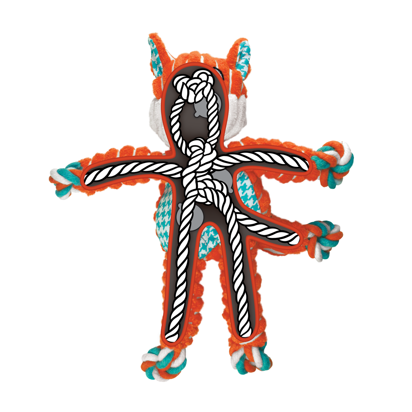 Colorful animal-shaped toy with orange, blue, and white accents showing rope inside of toy. 