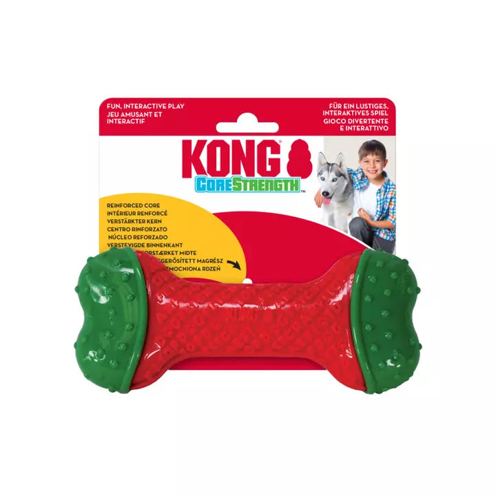 Red and green dog toy with KONG CoreStrength packaging on a white background