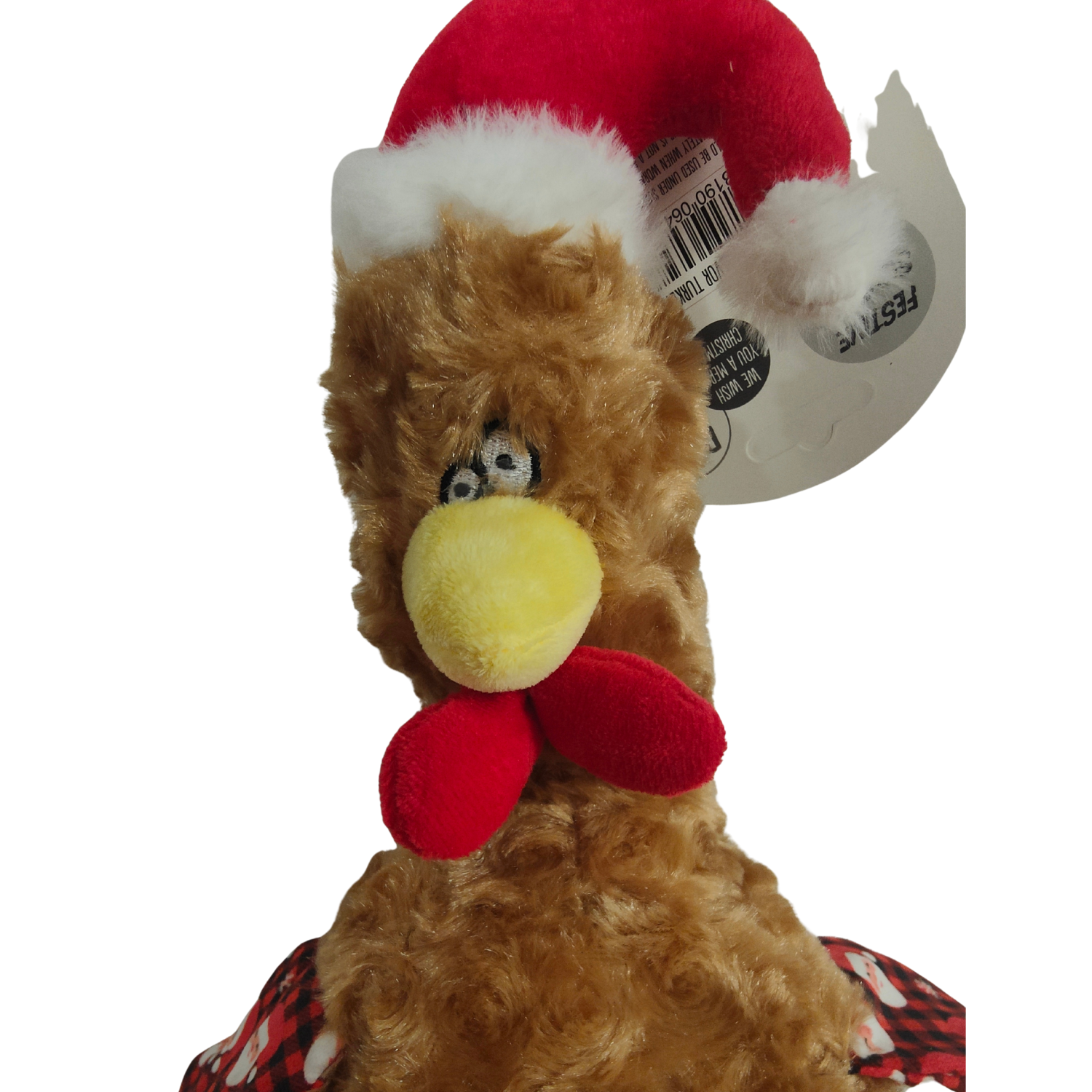 Shows head and shoulders of plush dog toy