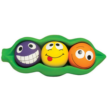 Cute dog toy with 3 squeaky balls inside a larger toy shaped like a pea pod