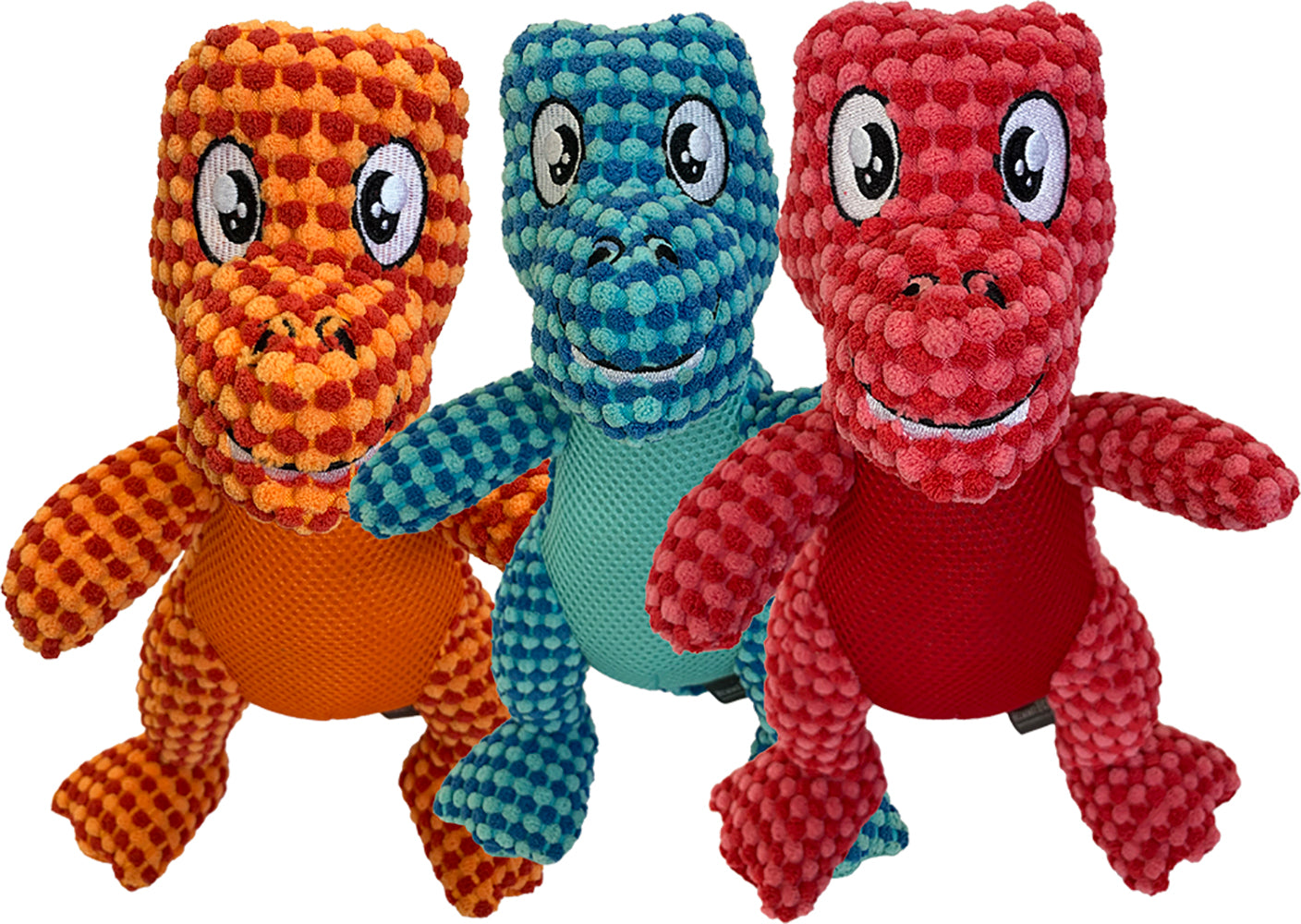 Three colorful plush dog toy lizards in orange, blue, and red on a white background