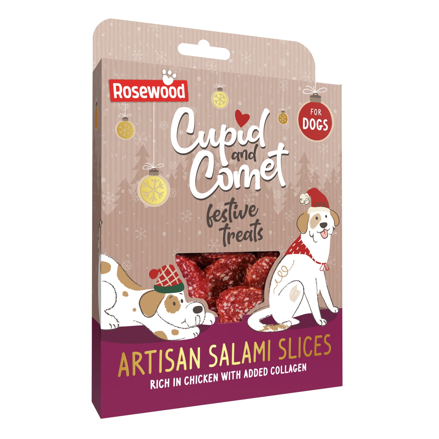 Rosewood Cupid and Comet festive dog treats packaging for dogs with salami slices illustration.