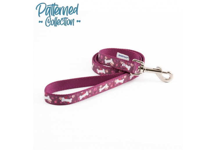 Ancol | Nylon Dog Clip Lead | Reflective Bone Pattern - Purple