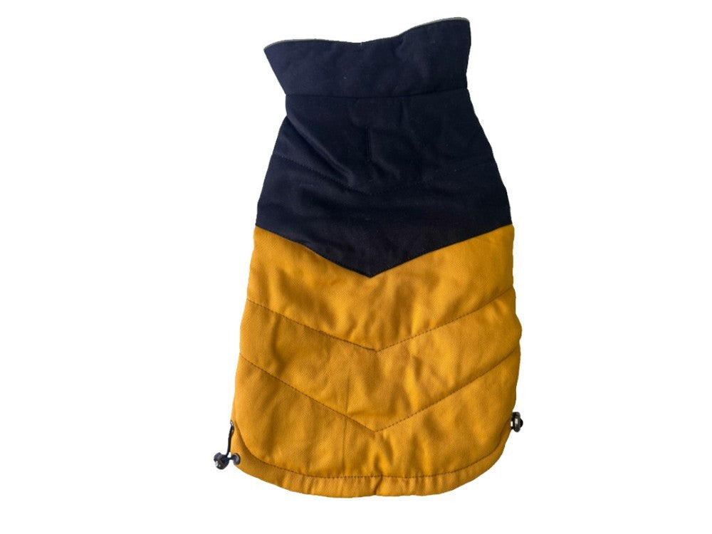 Two-tone black and mustard yellow puffer vest on a white background