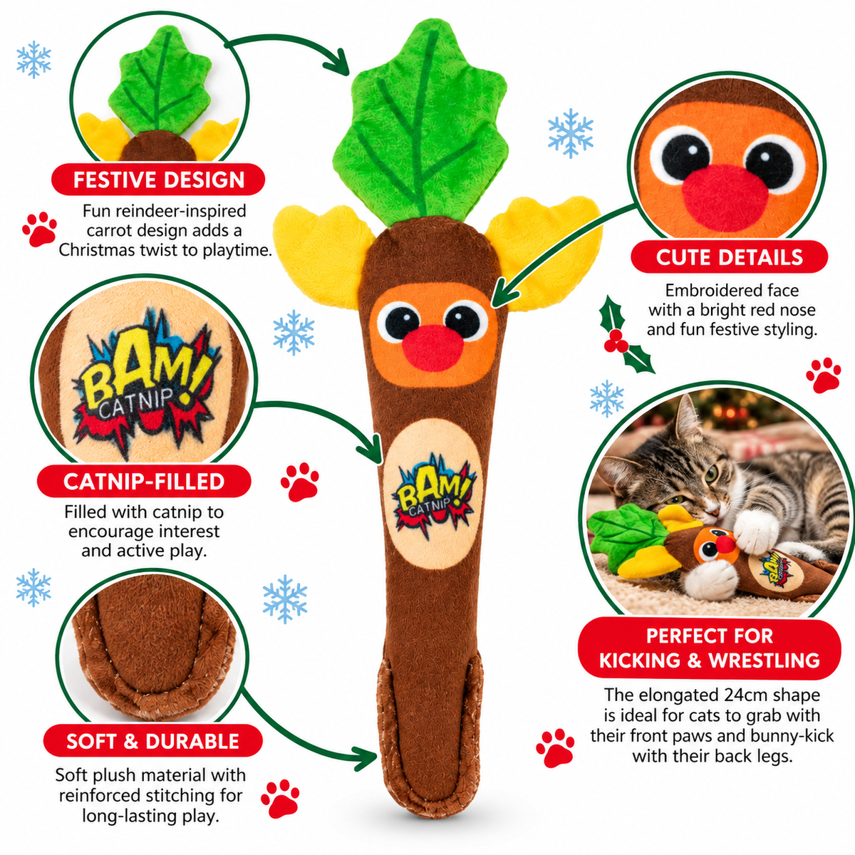 BAM! Rudolph Carrot Kicker 🦌 Christmas Catnip Toy by James & Steel
