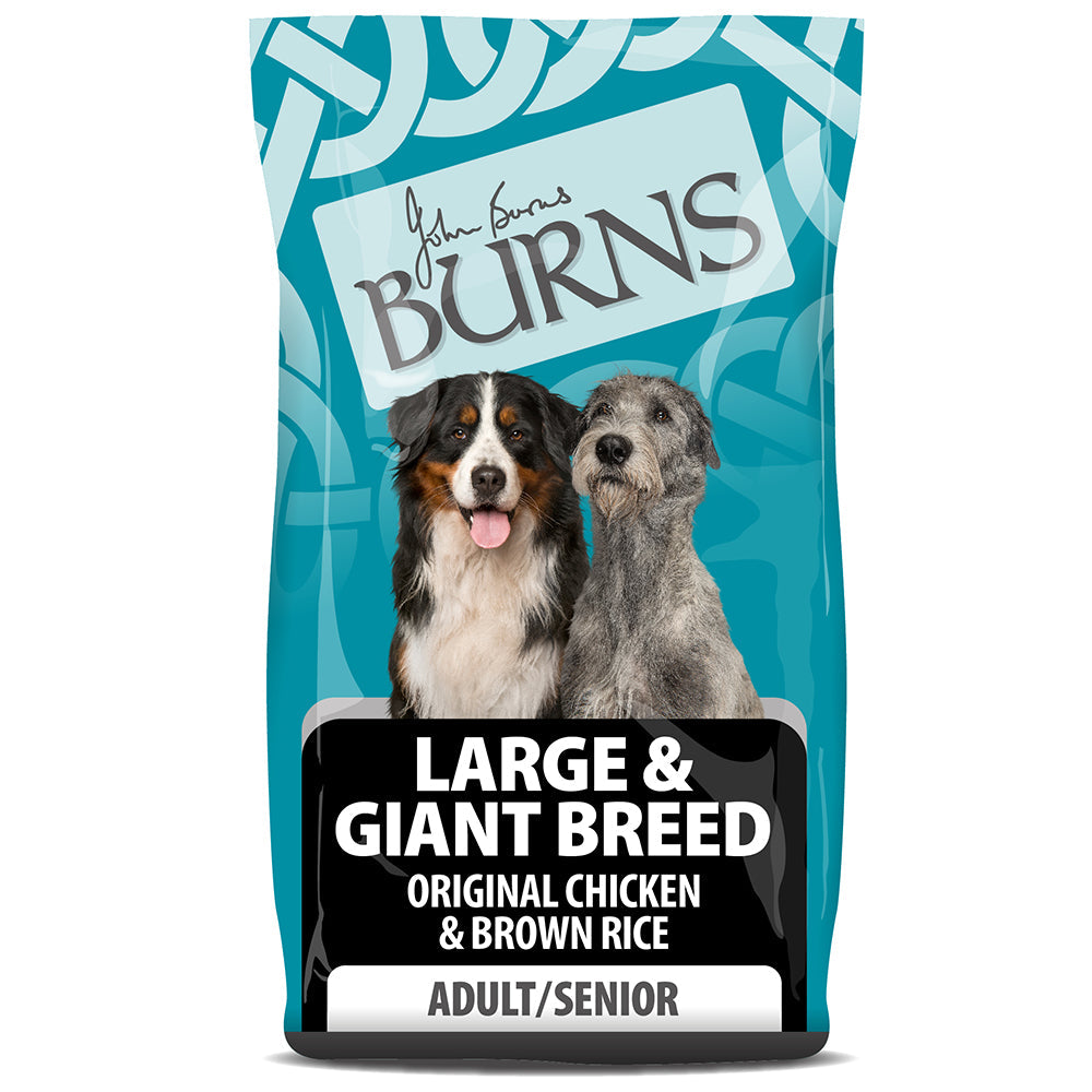 Bag of Burns dog food for large and giant breeds with two dogs on a blue background