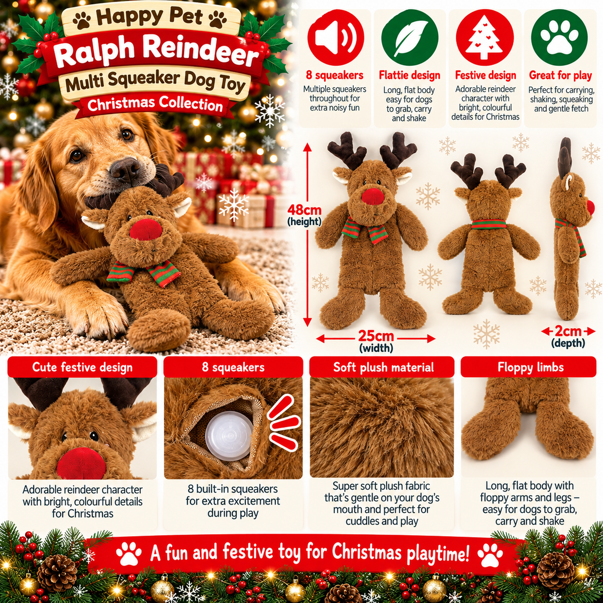 Ralph Reindeer Multi Squeaker 🦌 Dog Toy by Happy Pet