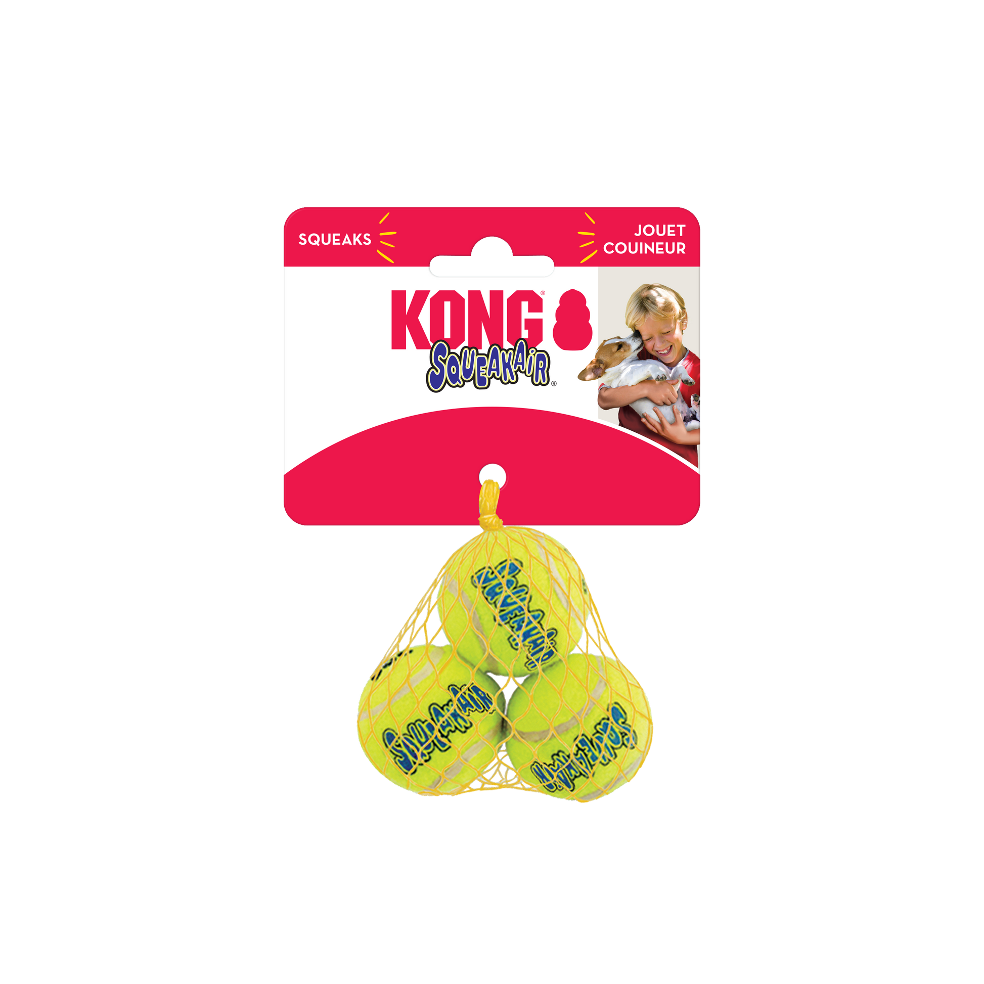 Kong Squeaker tennis balls with packaging on a white background