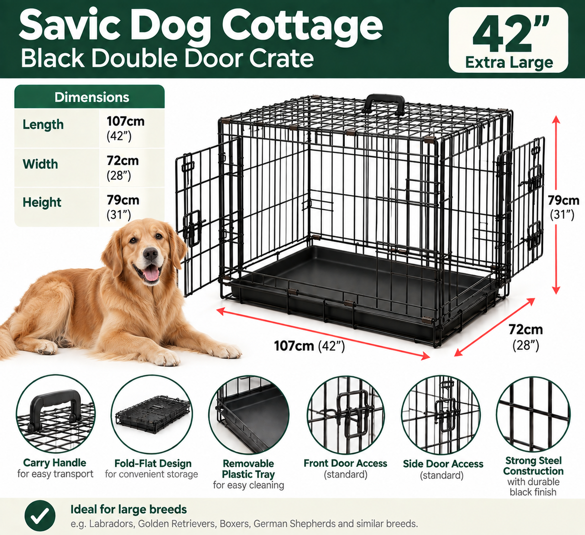 Savic | Dog Cottage | Black Double Door Cage Crate