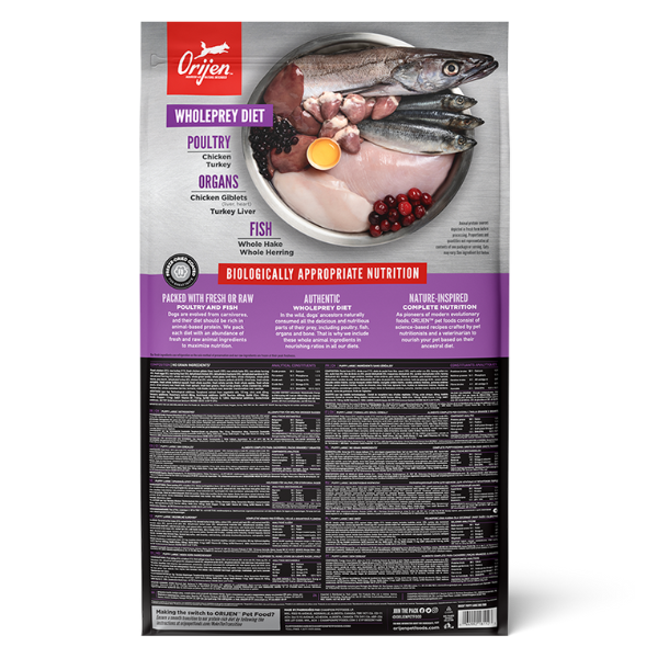 Orijen pet food packaging with ingredients and nutritional information on a white background