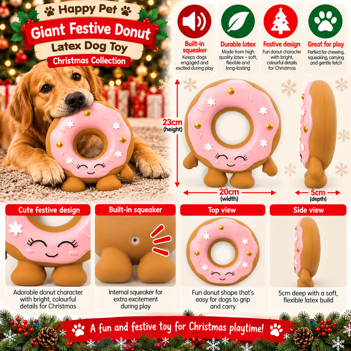 Giant Festive Donut Latex 🍩 Dog Toy by Happy Pet