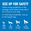 Dog toy sizing chart with illustrations and weight guidelines on a blue background