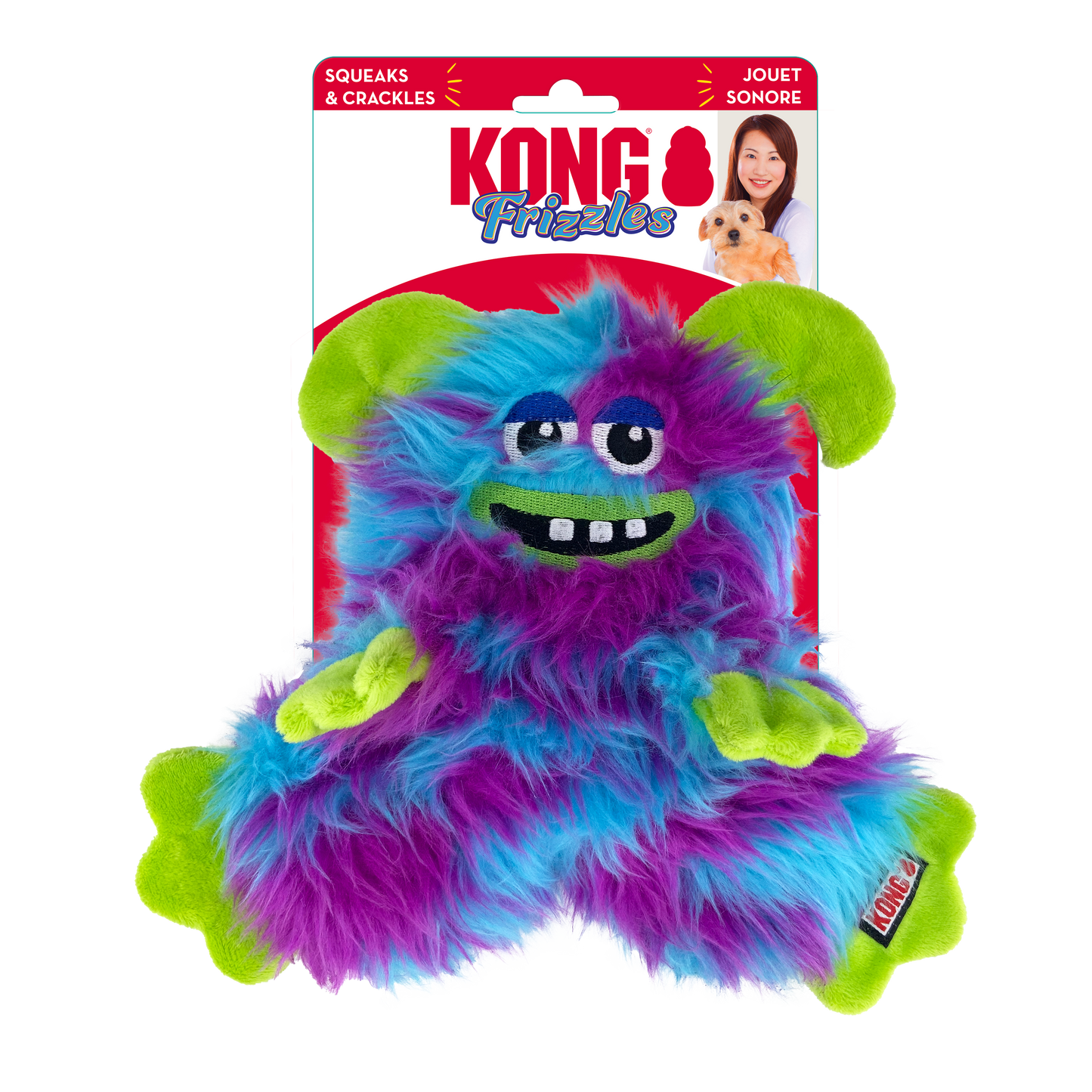 Colorful plush dog toy with a KONG label on a white background