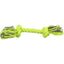 Dog toy with green rope and black ends on a white background