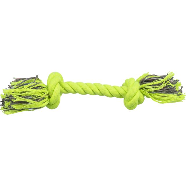 Dog toy with green rope and black ends on a white background