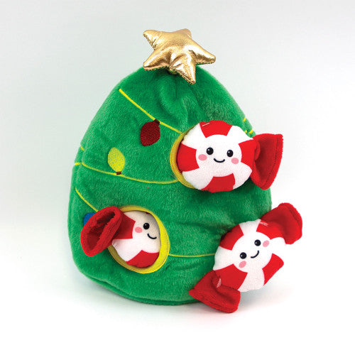 Plush dog toy shaped like a Christmas tree with candy cane characters on a white background