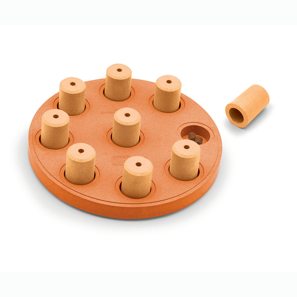Orange and beige puzzle toy for pets on a white background