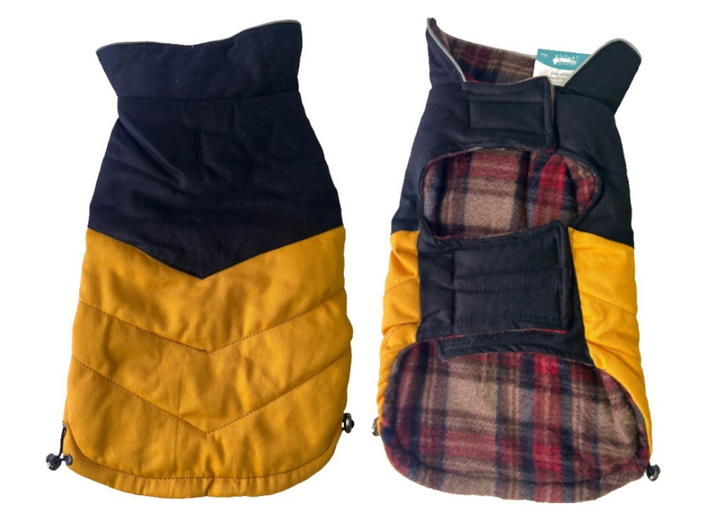Two dog coats, one black and yellow, the other with plaid pattern, on a white background.
