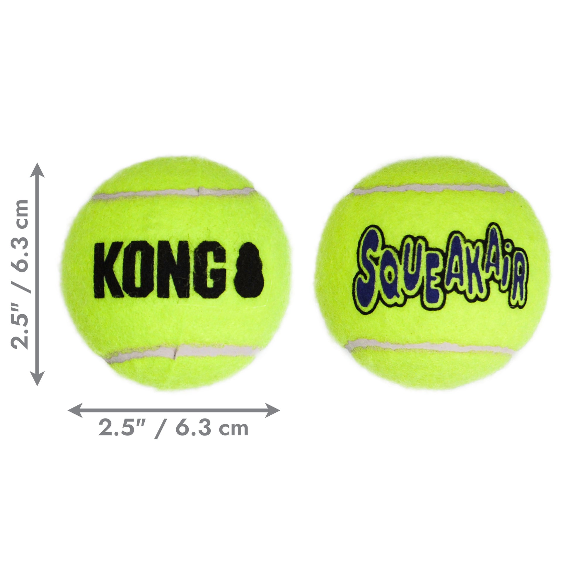 Two green tennis balls with 'KONG' and 'SQUEAKAIR' text, showing measurements on a white background.