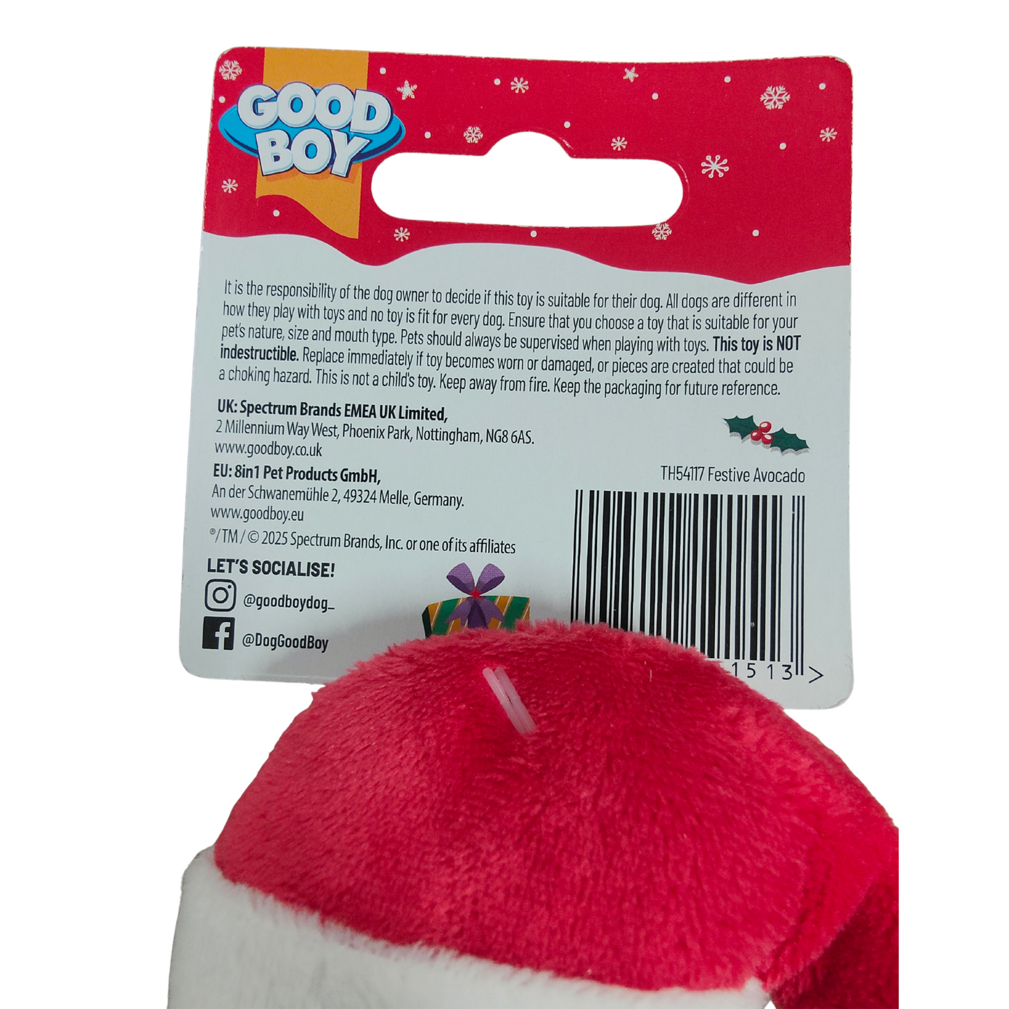Red and white plush toy with Good Boy packaging on a white background