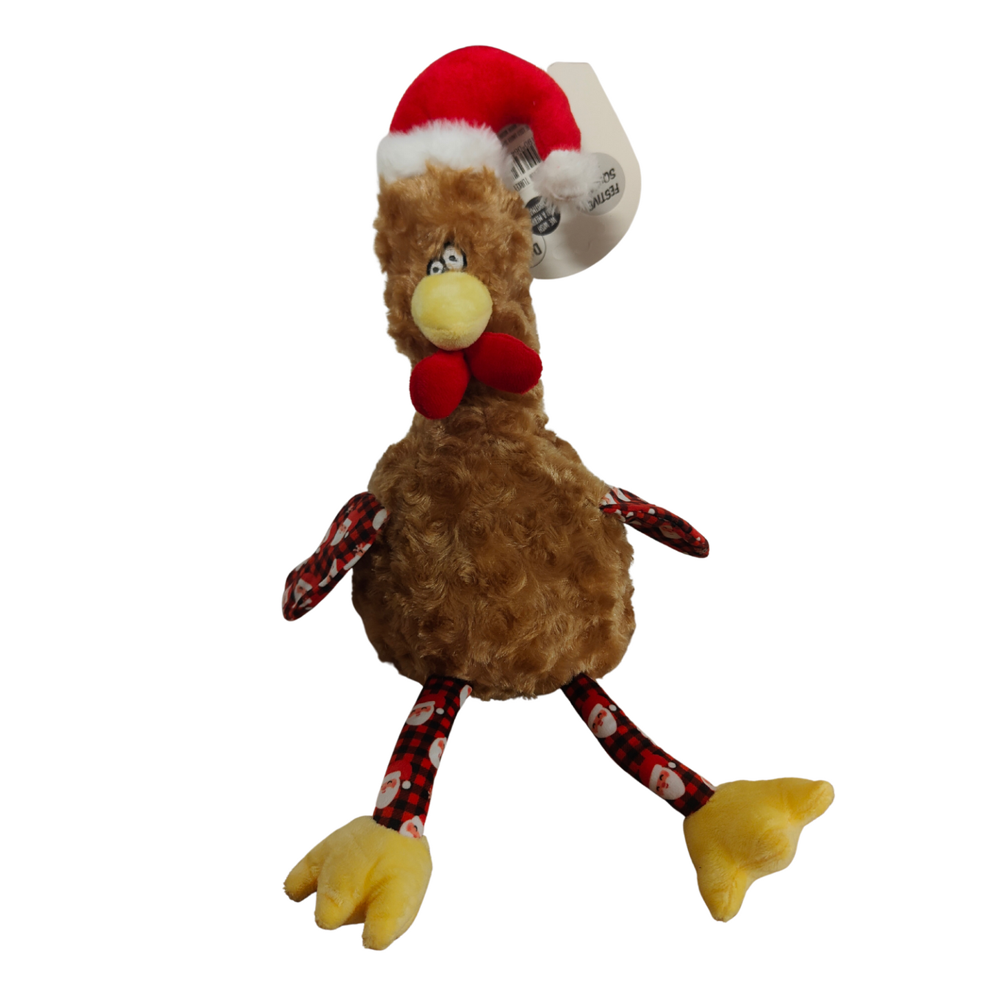 Plush toy rooster dog toy with a Santa hat on a white background