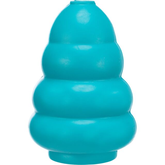 Turquoise dog toy with a wavy design on a white background