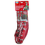 Red dog stocking with festive design and visible text on a white background