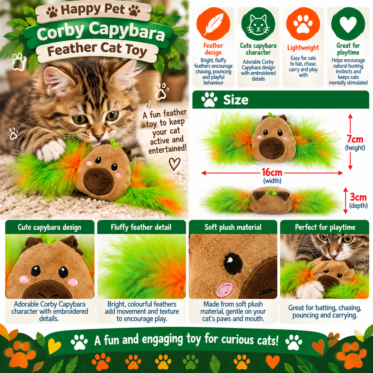 Corby Capybara Feather 🦫🪶 Christmas Cat Toy by Happy Pet