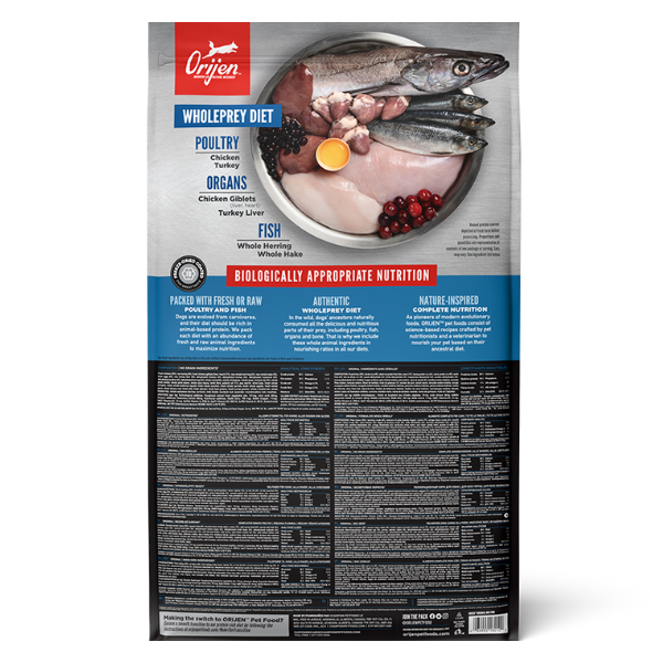 Orijen pet food package with ingredients and nutritional information on a white background