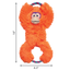 Orange plush monkey dog toy with a rope, shown with measurements on a white background.