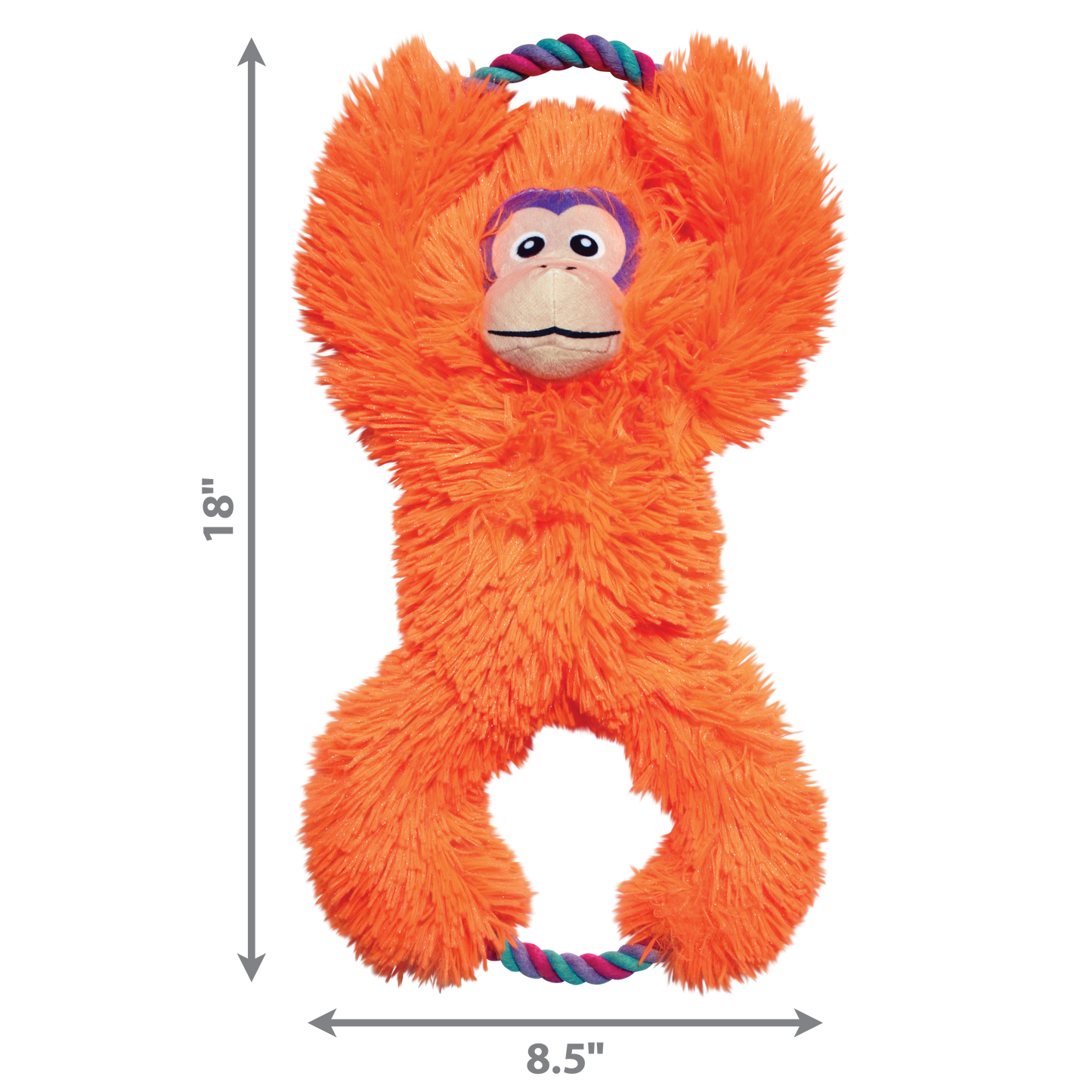 Orange plush monkey dog toy with a rope, shown with measurements on a white background.