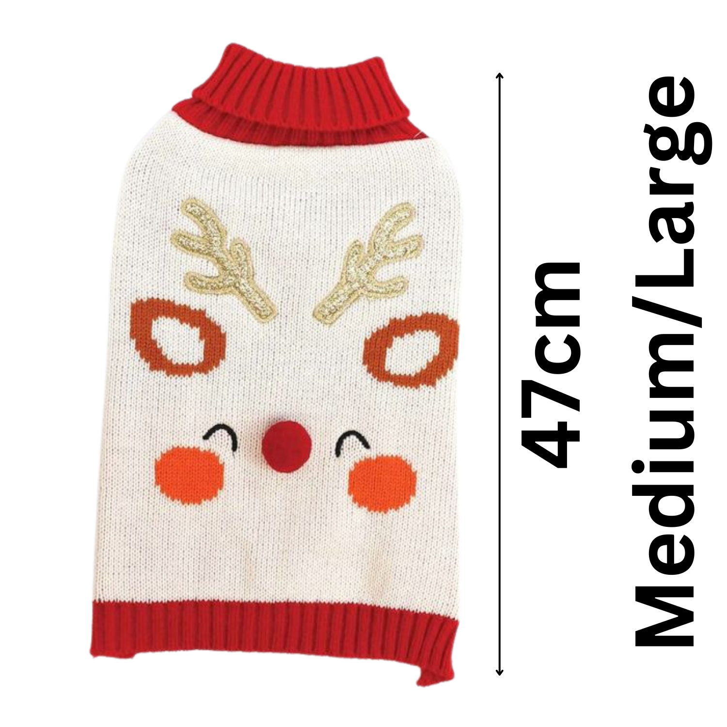Dog sweater with reindeer design and measurements on a white background