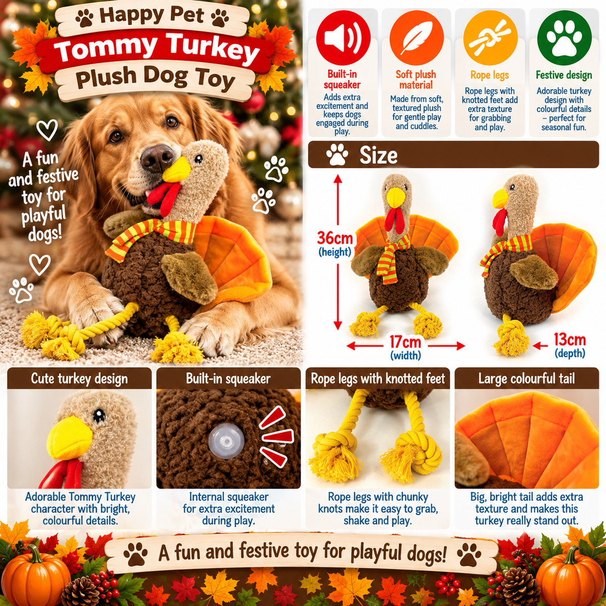 Tommy Turkey 🦃 Plush Christmas Dog Toy by Happy Pet