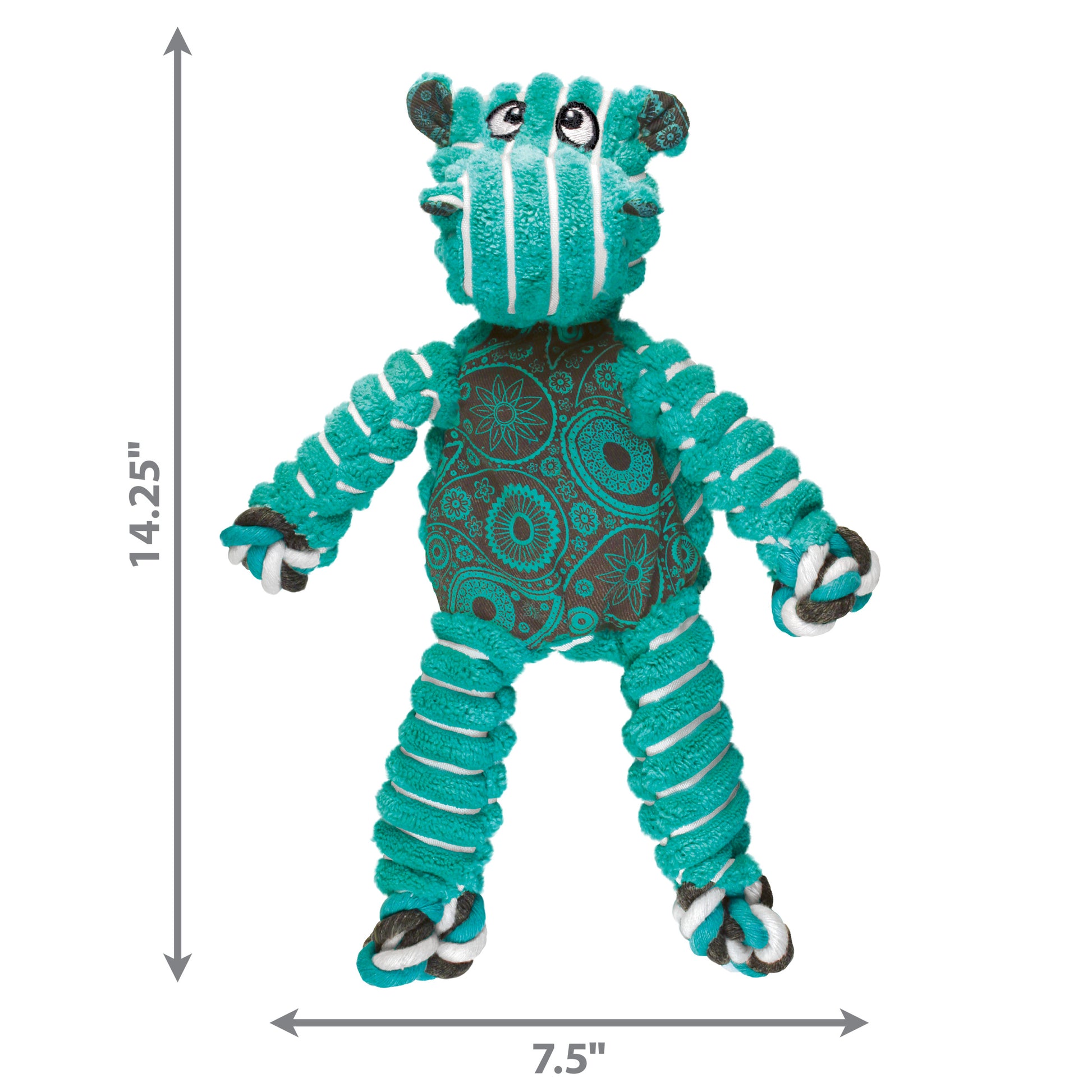Teal and patterned toy with dimensions on a white background
