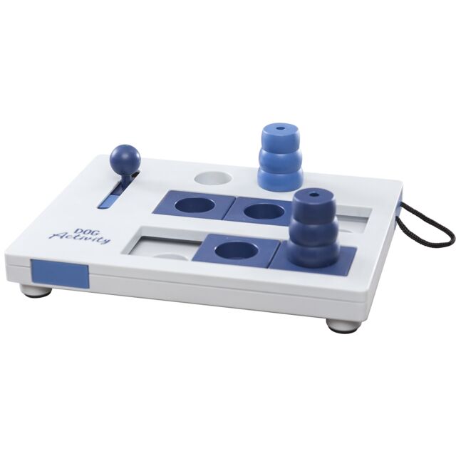 White dog toy with blue components on a white background