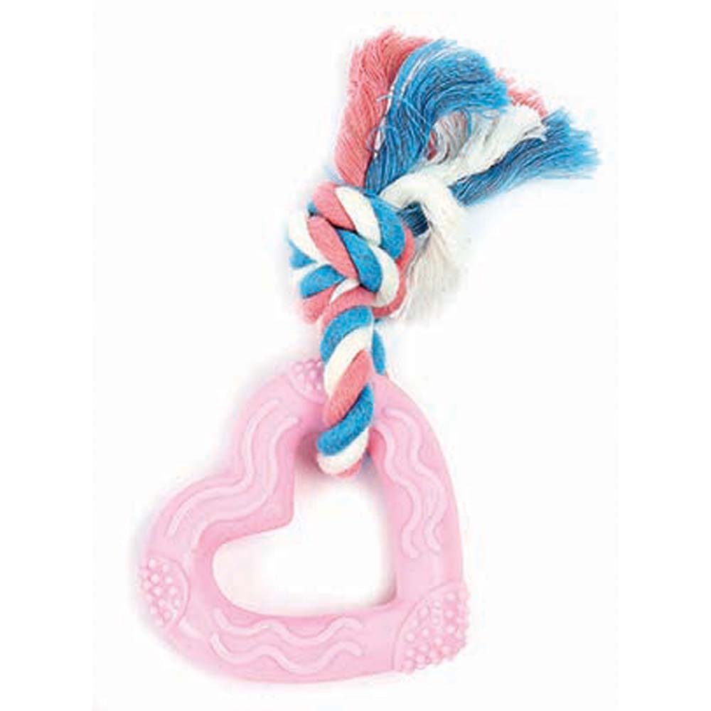 Pink heart-shaped dog toy with braided rope on a white background