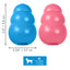 Blue and pink KONG dog toys with measurements and size chart on a white background