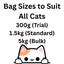 Text indicating bag sizes for cats with a cartoon cat illustration on a white background.
