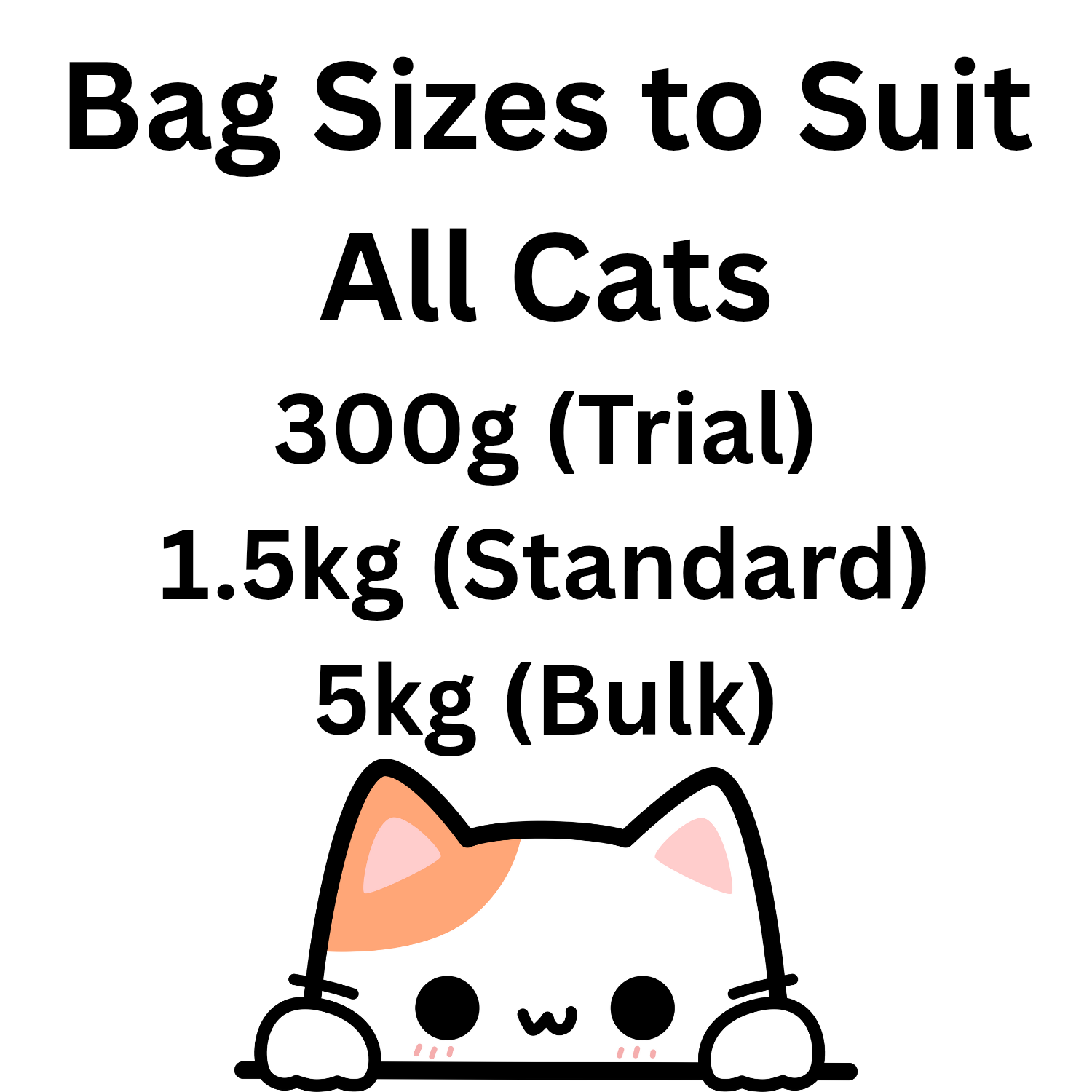 Text indicating bag sizes for cats with a cartoon cat illustration on a white background.