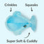 Blue plush dog toy with text indicating crinkles, squeaks, and softness on a white background