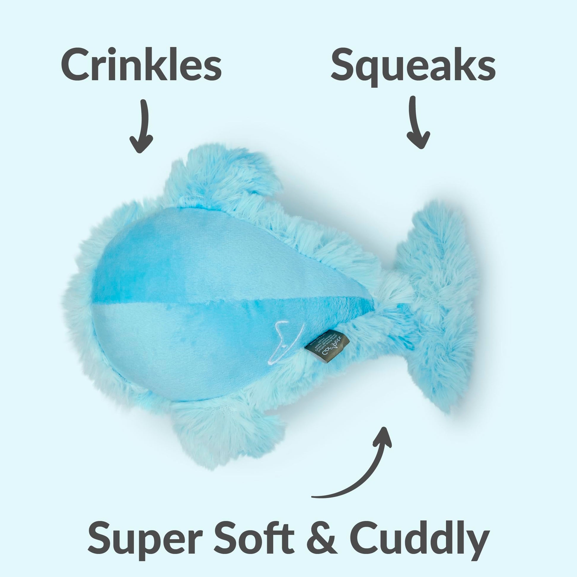 Blue plush dog toy with text indicating crinkles, squeaks, and softness on a white background