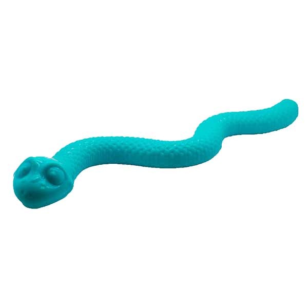 Turquoise snake-shaped dog toy on a white background