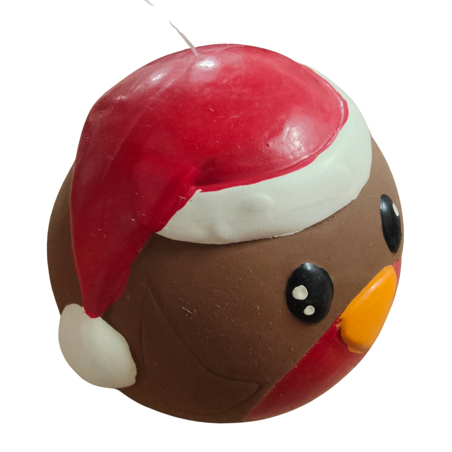 Brown latex dog ball toy with a red beak and Santa hat on a white background