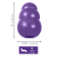 Purple KONG dog toy with dimensions and weight capacity on a white background