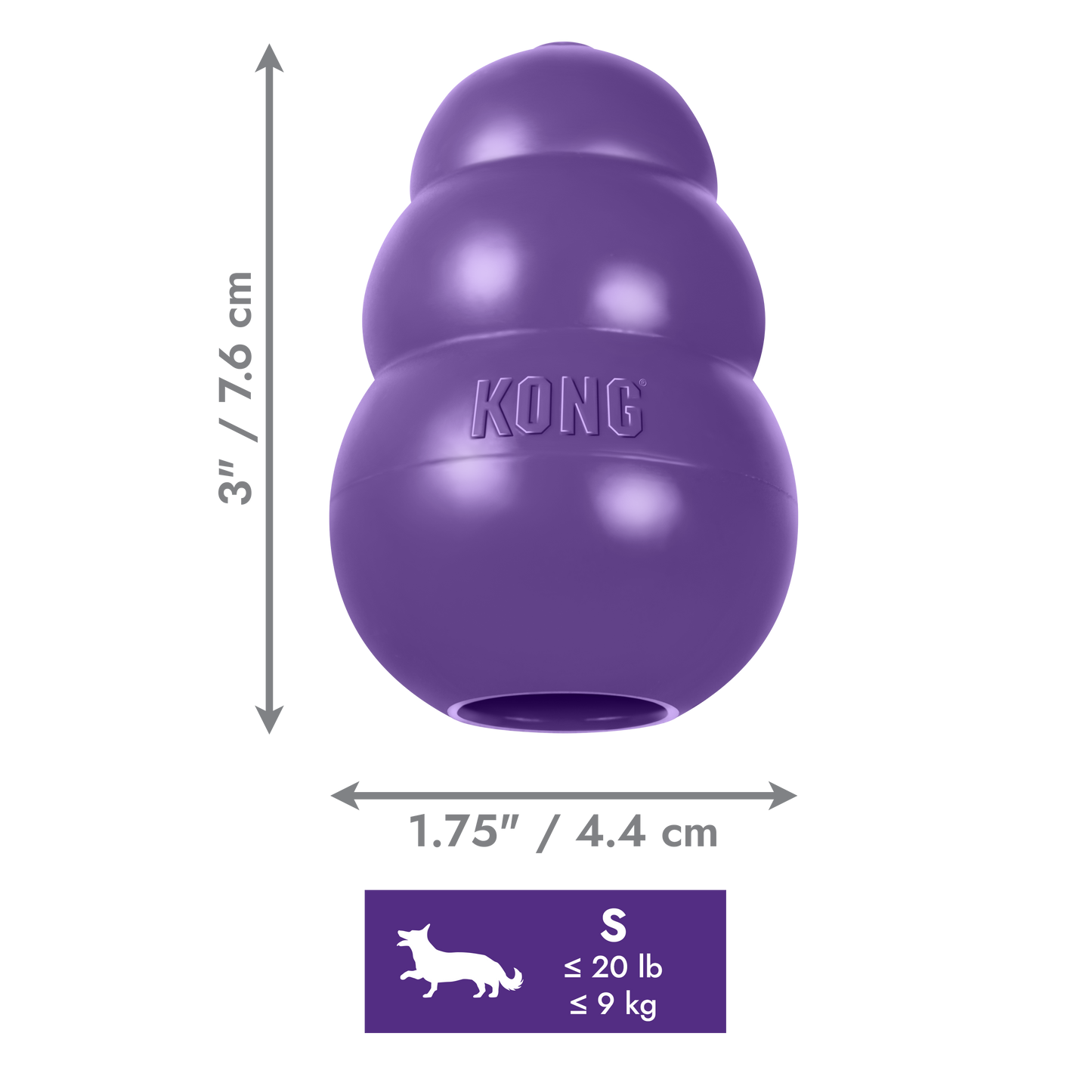 Purple KONG dog toy with dimensions and weight capacity on a white background