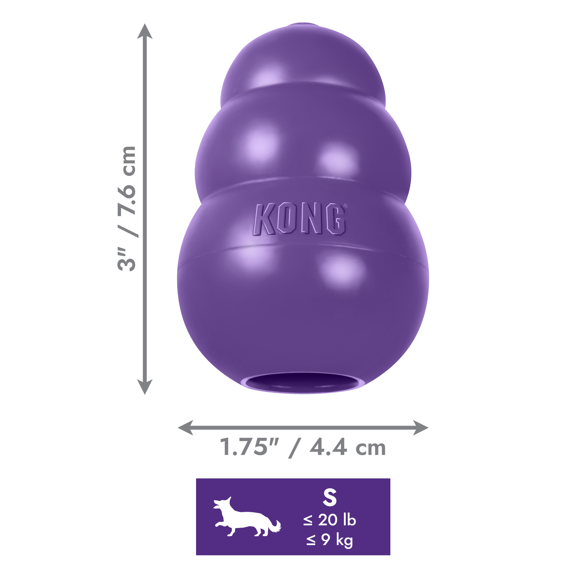 Purple KONG dog toy with dimensions and weight capacity on a white background